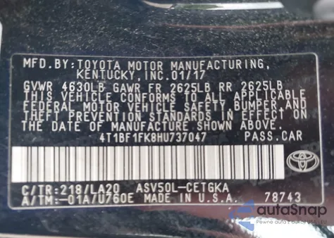 2017 Toyota Camry Xle from USA, damaged, VIN 4T1BF1FK8HU737047